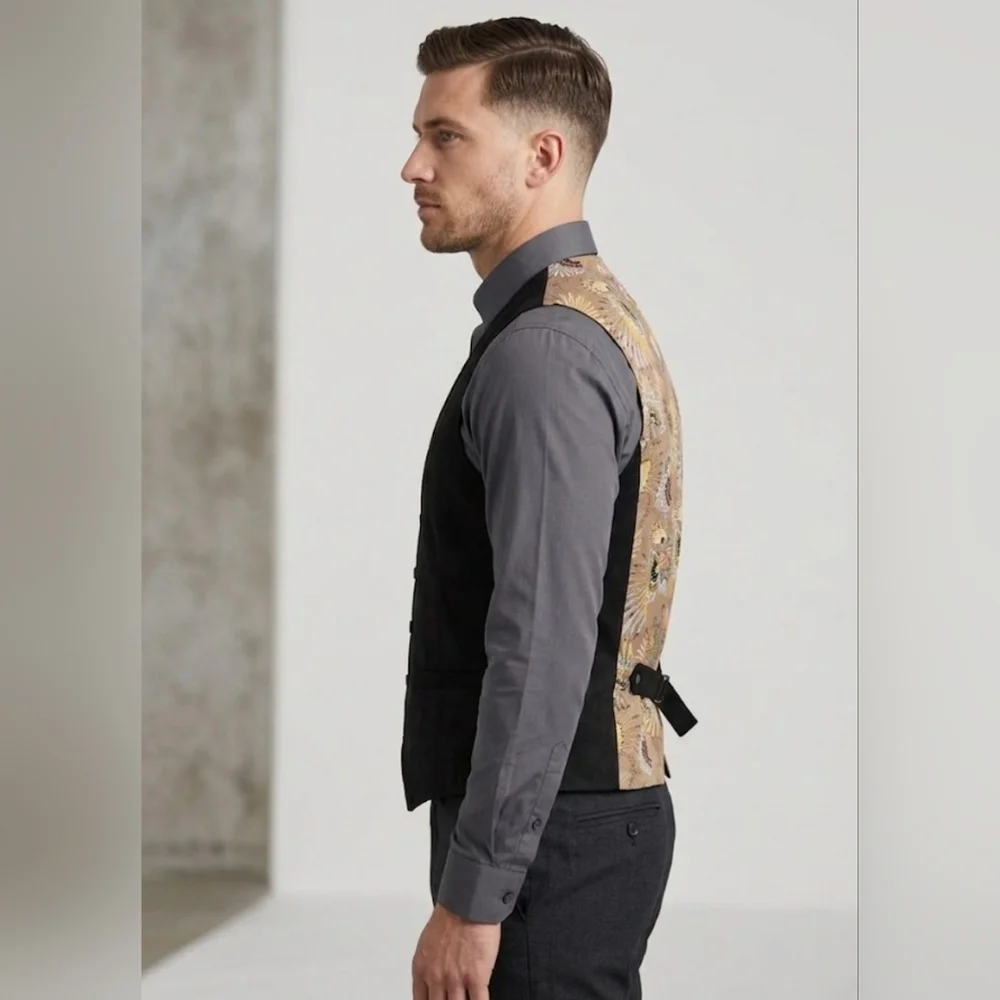 Paisley & Gray Slim Fit Faux Suede Vest | Gold Bird Floral Back Size L
